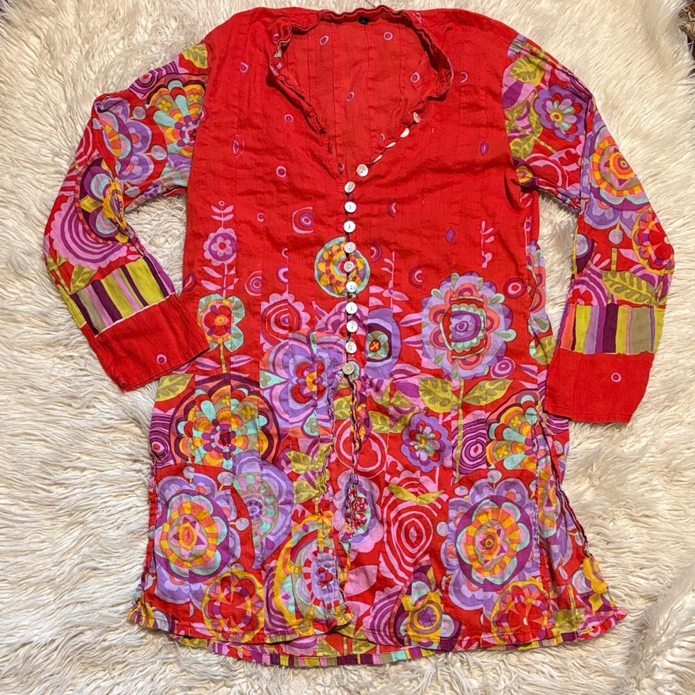 Colorful Floral Button-Up Tunic